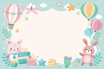 A children's birthday party frame with balloons, cupcakes, and other party decorations. Scene is festive and joyful