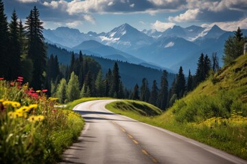 b'Winding road through a beautiful mountain valley with wildflowers on the side' - obrazy, fototapety, plakaty