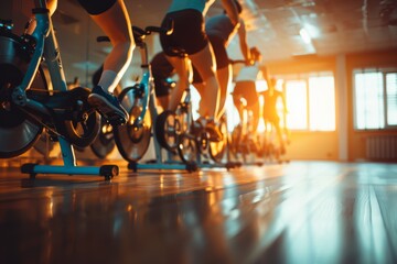 Group riding exercise bikes in gym for fitness recreation