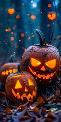 b'Halloween pumpkins glowing in the dark forest'