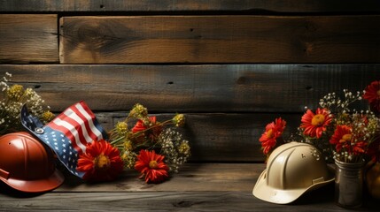 b'Labor Day background with American flag, hard hats and flowers'