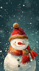 b'A cute snowman wearing a hat and scarf in the snow'