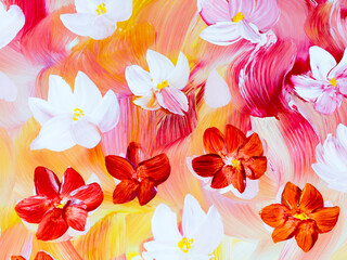 Red and white abstract flowers, original hand drawn, impressionism style, color texture, brush strokes of paint