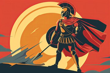 This artwork captures a Spartan warrior in full regalia standing proudly atop a mountain. Ideal for historical and inspirational themes.