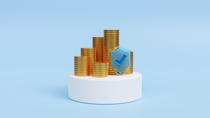Coins and shield. Financial saving insurance, safe business economy, secure online payment, money protection concept. Transactions money service with secure online payment. Cybersecurity. 3d rendering
