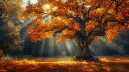 b'Huge autumn tree with orange leaves in the middle of a field'