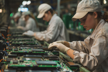 Workers at an ewaste recycling plant sorting and dismantling used electronics. Concept Recycling.