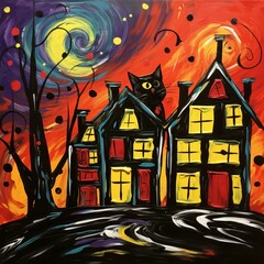 b'Black cat on the roof of a haunted house with yellow windows'