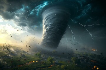 b'A powerful tornado sweeps across the landscape, destroying everything in its path' - obrazy, fototapety, plakaty