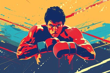 Illustration of a focused boxer with gloves up, in a dynamic stance, ready for a match, ideal for sports and motivation themes.