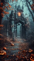 b'Spooky castle in the middle of a foggy forest with pumpkins on the pathway'
