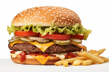 Hamburger on white background. Fast food related topics. Topics related to malnutrition. Job offer. Image for graphic designer. Image for flyers.