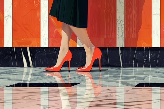 A close-up illustration of a woman's legs in striking high heels, epitomizing style and confidence on a checkered floor.