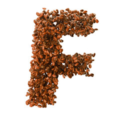 Capital letter F, made from coffee beans. Coffee font. Alphabet made from coffee beans. Transparent background.
