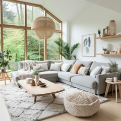 b'Bright living room with large windows and a comfortable couch'