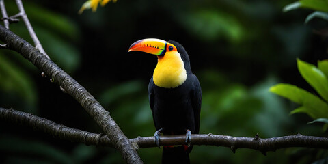 a colorful bird perched on a tree branch in a forest with green leaves and a dark background with a yellow and orange beak and a black toucan 4k wallpepar