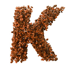 Capital letter K, made from coffee beans. Coffee font. Alphabet made from coffee beans. Transparent background.