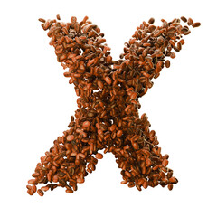 Capital letter X, made from coffee beans. Coffee font. Alphabet made from coffee beans. Transparent background.