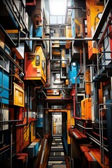 b'A digital painting of a colorful city with many buildings and a long hallway in the center'