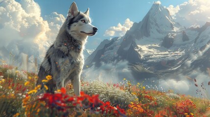 Loyal Husky Stands Guard in Vast Vibrant Alpine Meadow A Majestic Display of Winters Grandeur - obrazy, fototapety, plakaty