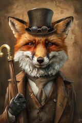 A charming fox in a bowler hat, monocle, and cane, exuding sophistication and style.