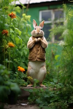 b'A rabbit wearing a vest stands on its hind legs in a garden'