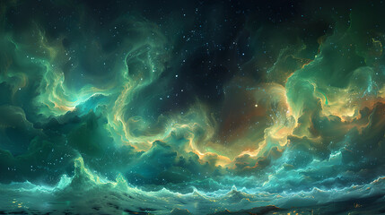Galactic Storm of Emerald and Gold Clouds, Generative AI