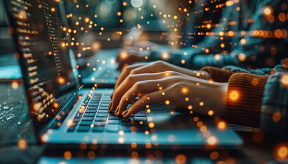 A person is typing on a laptop with a bright light shining on it by AI generated image