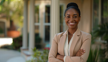 Portrait of a Confident smiling female real estate agent standing in front of a house with her arms crossed, looking at the camera and showing off a home for sale