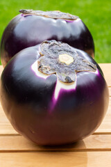 Fresh ripe purple globe Violetta eggplants vegetables from Sicily ready to cook, healthy Italian...