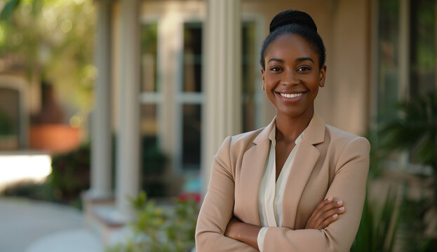Portrait of a Confident smiling female real estate agent standing in front of a house with her arms crossed, looking at the camera and showing off a home for sale