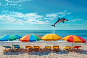 A dolphin leaps out of azure water near umbrellas and chairs on a sandy beach