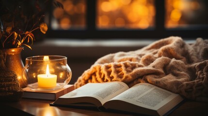 b'A cozy reading nook with a candle and a blanket' - obrazy, fototapety, plakaty