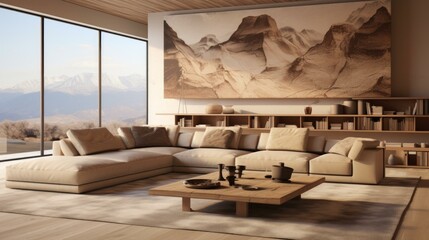 b'Modern living room interior with large windows and mountain artwork'