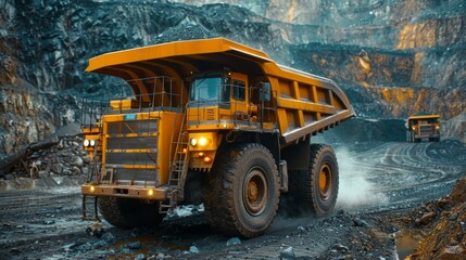 Dump truck, in an open coal mine, with high walls of earth and cars in the background