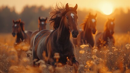 Horse running in a herd, its flowing mane and pulsating muscles against a softly blurred background - obrazy, fototapety, plakaty