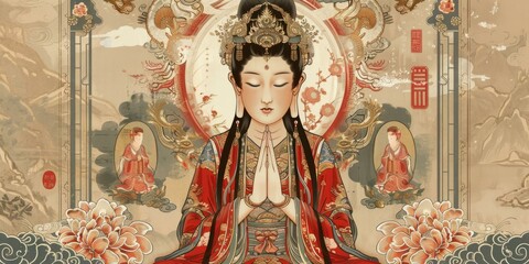 b'An illustration of a Chinese goddess with two attendants' - obrazy, fototapety, plakaty