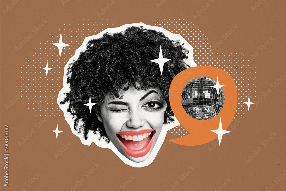 Sticker Composite photo collage of happy playful american girl wink drunk face party disco ball occasion club event isolated on painted background