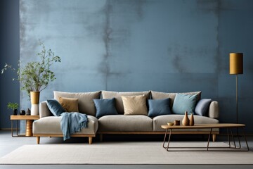 b'A Stylish and Modern Living Room With Blue Wall and Comfy Sofa' - obrazy, fototapety, plakaty