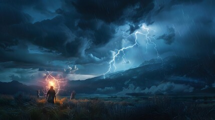 Thunderous Skies:Travelers Confronting a Violent Thunderstorm in the Open Plains Amid Crashing Thunder and Blinding Lightning - obrazy, fototapety, plakaty