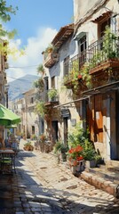 b'An illustration of a narrow street in a small town'