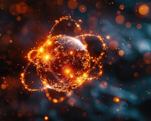 Obraz premium Conceptual image of a gold atom being manipulated by nanobots for use in quantum computing, with a glowing golden aura