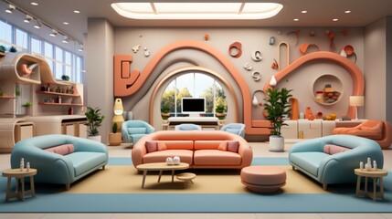 b'A modern living room with a curved wall and colorful furniture'