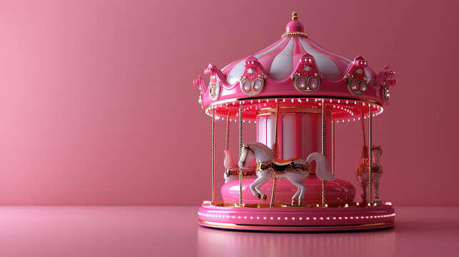 Pink carousel on an isolated pink background, an attraction for children's entertainment and recreation