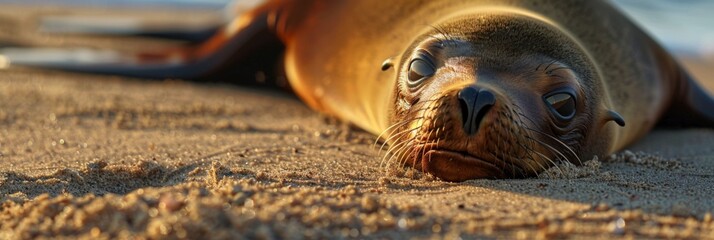 Sea lion resting on a sandy beach, its smooth fur glistening in the sun