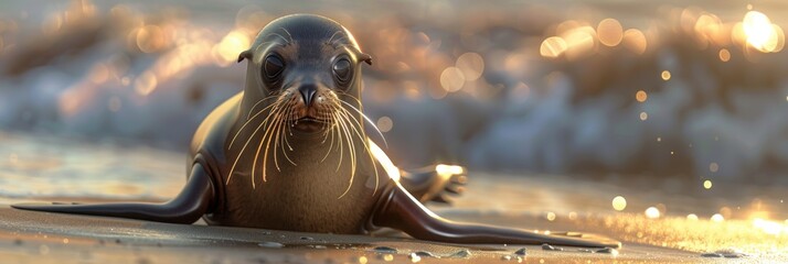Sea lion resting on a sandy beach, its smooth fur glistening in the sun - obrazy, fototapety, plakaty