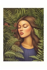 b'Portrait of a young serene woman with eyes closed and brown hair in front of a lush green background'