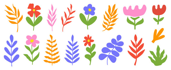 Floral set of abstract organic shapes on a white background. Cute hippie groovy flowers and leaves.  Vector illustration