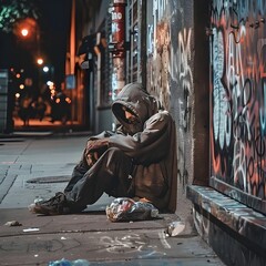 Homeless Man Sitting Alone on Graffiti-Covered Street at Night