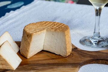 Cheese collection, piece of fresh smoked Spanish goat cheese close up